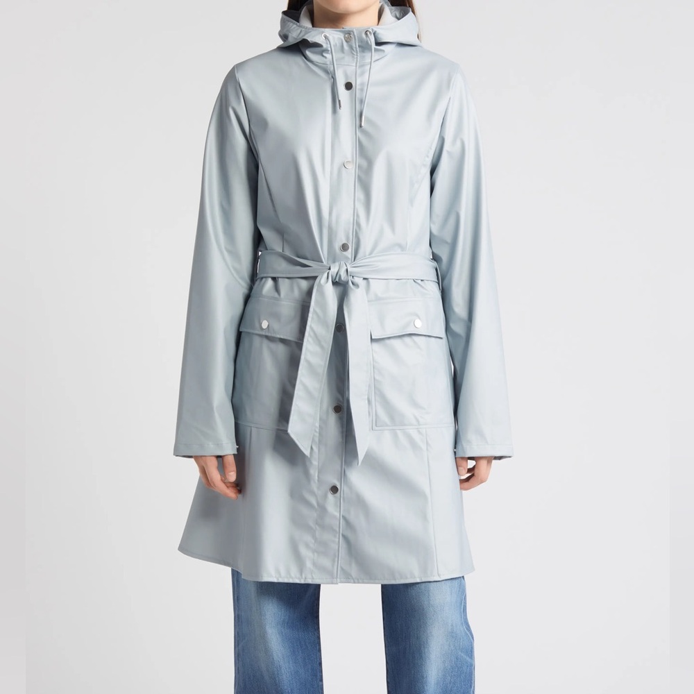 Rains Curve Waterproof Belted Jacket - L pale blue